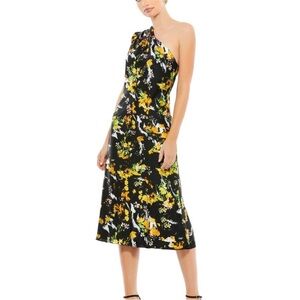 Mac Duggal 55630 Floral Print Draped One Shoulder Midi Dress Size 4